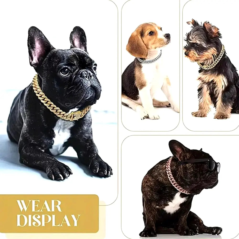 Dog Collar Sparkling Rhinestone Chain Collar for Small Medium Dogs Metal Cat Necklace with Gold Link Pet Jewelry Accessories Excel Pets
