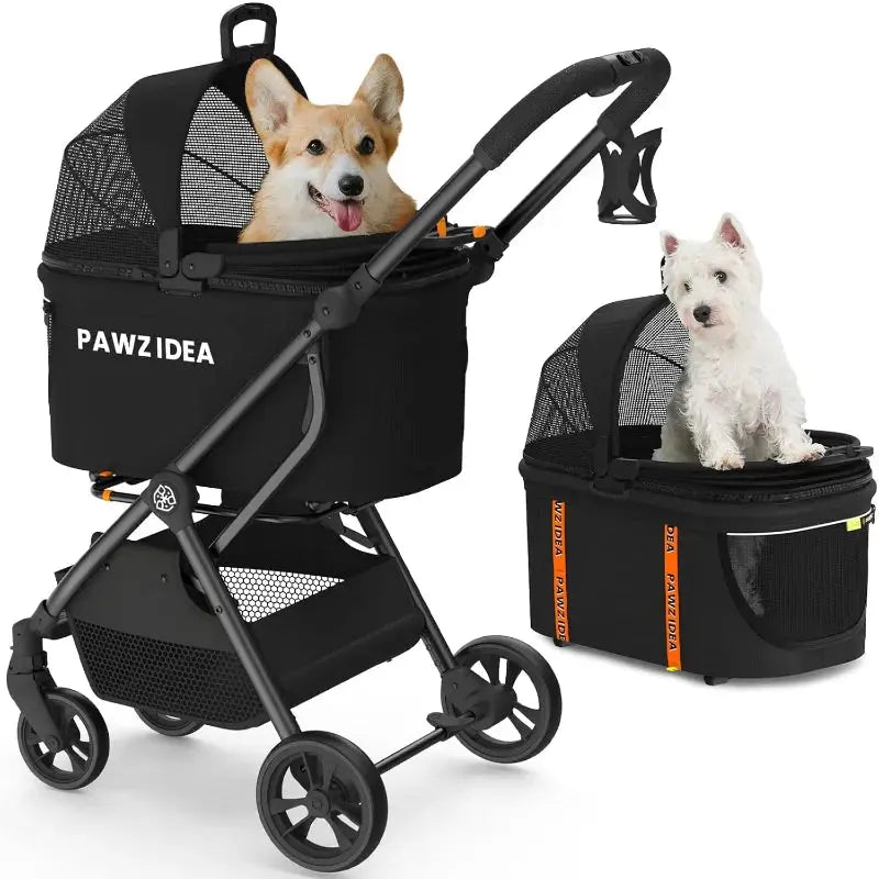 pawzidea 4 In 1 Pet Stroller For Small Dogs And Cats With Detachable Carrier No Zip Canopy Foldable Eco Friendly Jogger - Animals & Pet Supplies > Pet Supplies > Pet Strollers > Jogging Strollers Dog