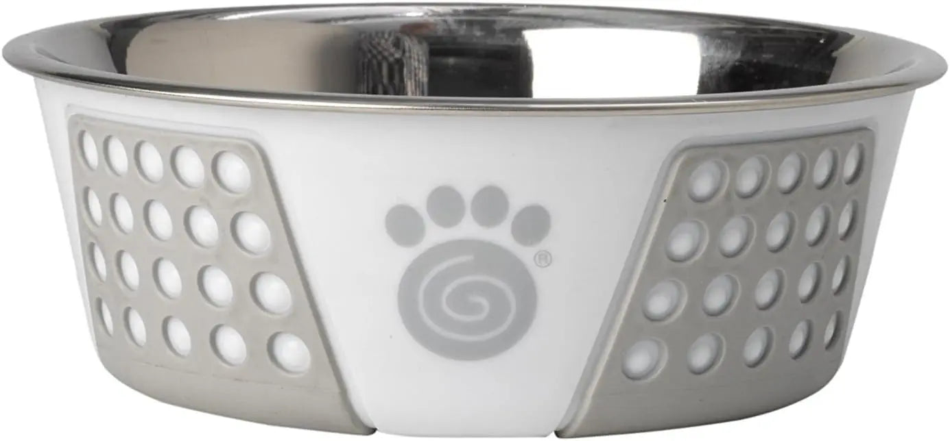 Petrageous Fiji Stainless Steel Non-Slip Dog Bowl - 3.75-Cup Capacity, 6.75-Inch Diameter, Perfect for Medium and Large Dogs, Elegant White and Grey Design Pet Rageous Designs