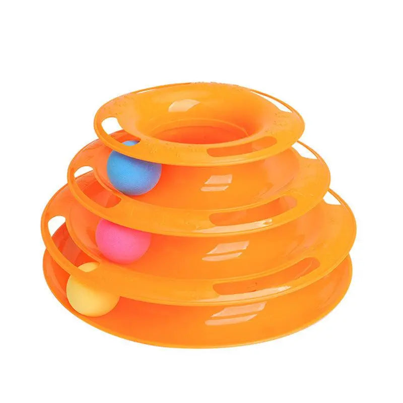 Orange interactive cat ball tower toy with three colorful balls on track tiers