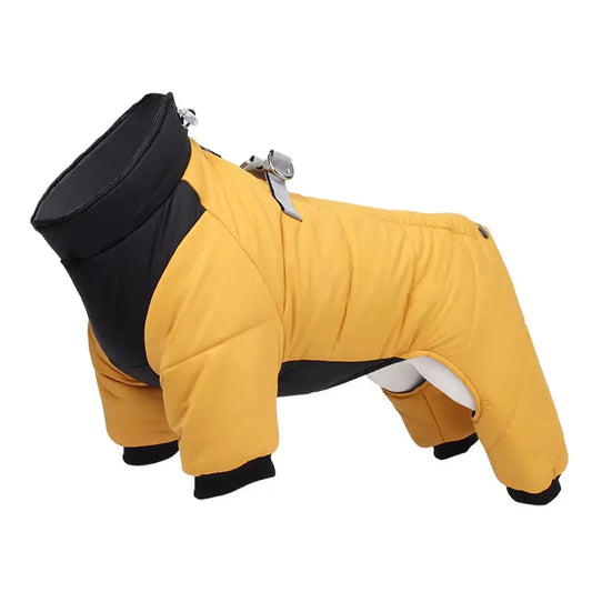 Waterproof yellow and black WeatherPaws Pro Coat with built-in D-ring for small and medium dogs, designed for winter warmth and protection.