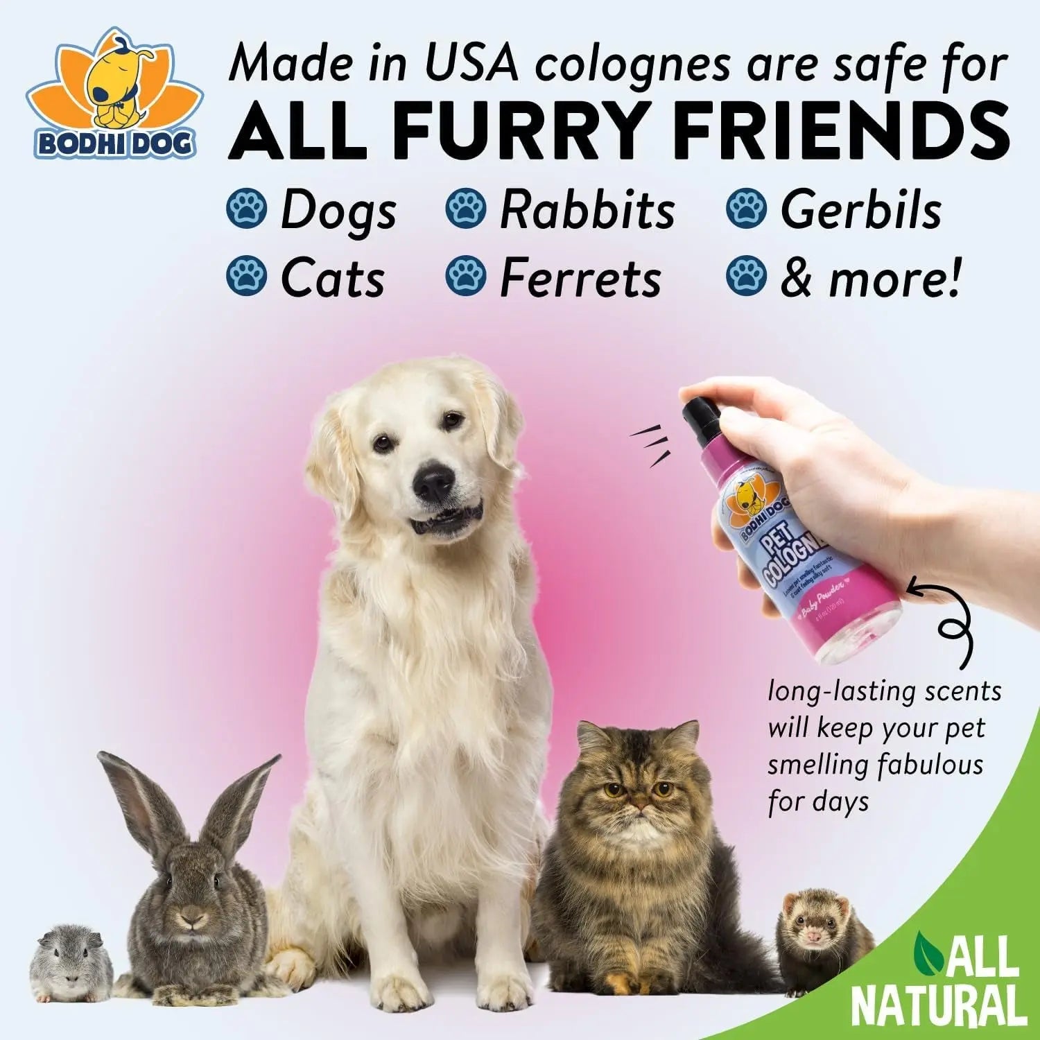 Bodhi Dog Natural Dog Cologne - Refreshing Baby Powder Scented Deodorizing Spray & Conditioner for Dogs and Cats - Safe, Gentle Formula for All Pets - 4 Fl Oz Made in USA Bodhi Dog