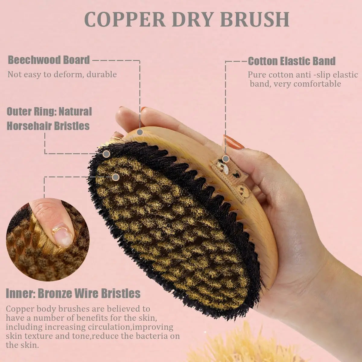 Copper Dry Brushing Body Brush with Ion Charged Bristles Dry Brush for Lymphatic Drainage, Exfoliating Body Brushs,Reduce Stress Veryond