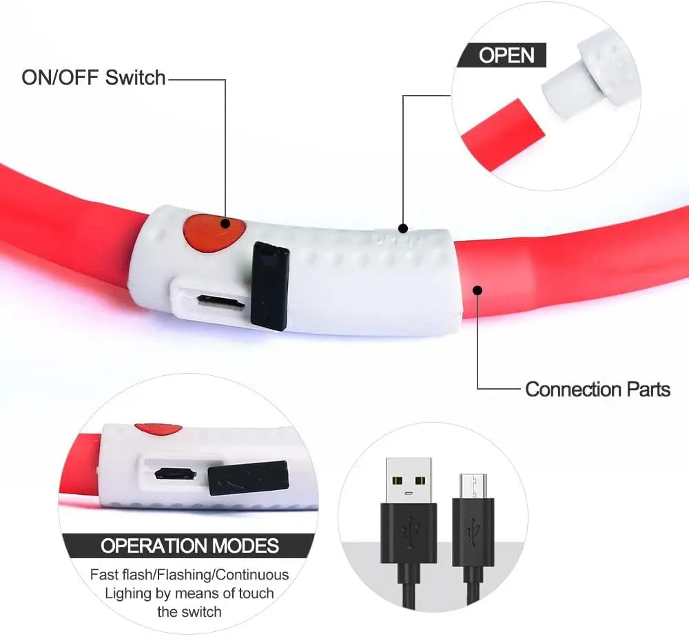 Led Dog Collar, USB Rechargeable LED Dog Necklace Light, Silicone Light up Dog Collars Glow in the Dark (Red-Silicone) Excel Pets
