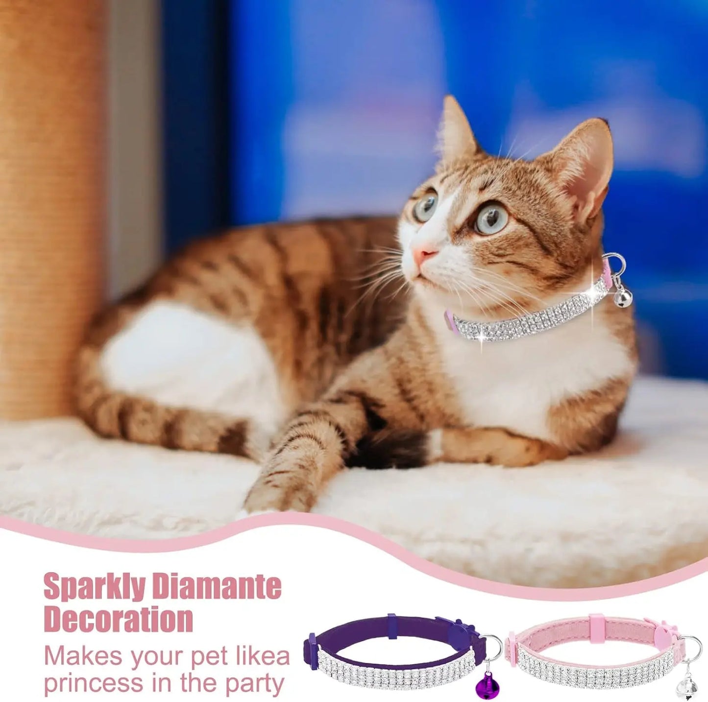 EXPAWLORER Soft Velvet Breakaway Cat Collars with Rhinestones - 2 Pack Adjustable Christmas Gifts for Cats and Small Dogs EXPAWLORER