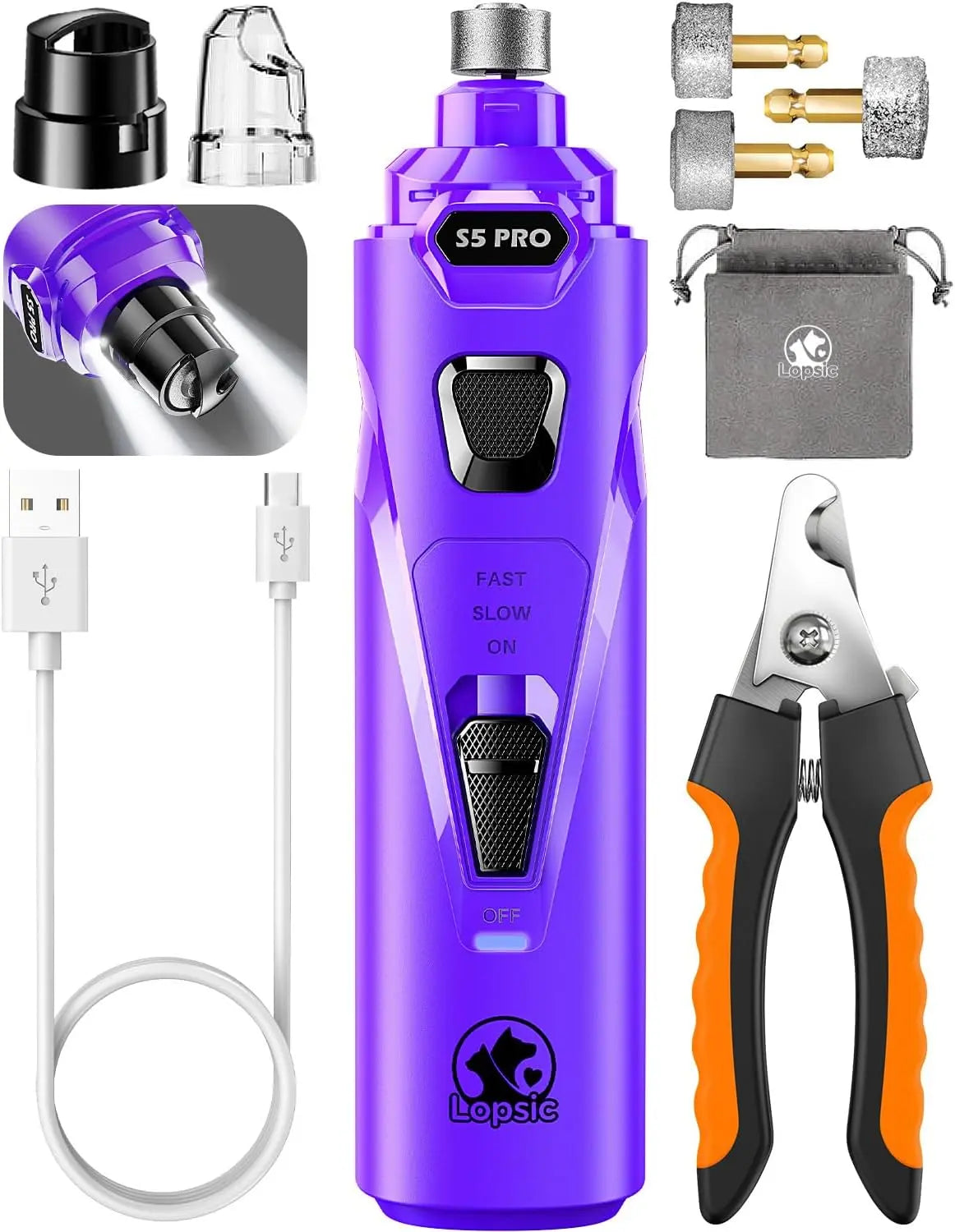 Shenzhen Sanqi Technology Co., Ltd LOPSIC Whisper Quiet Dog Nail Grinder Rechargeable Trimmer With 2 LED Lights And 3 Grinding Wheels For Safe Nail Care - Animals & Pet Supplies > Pet Supplies > Pet Grooming Supplies Dog