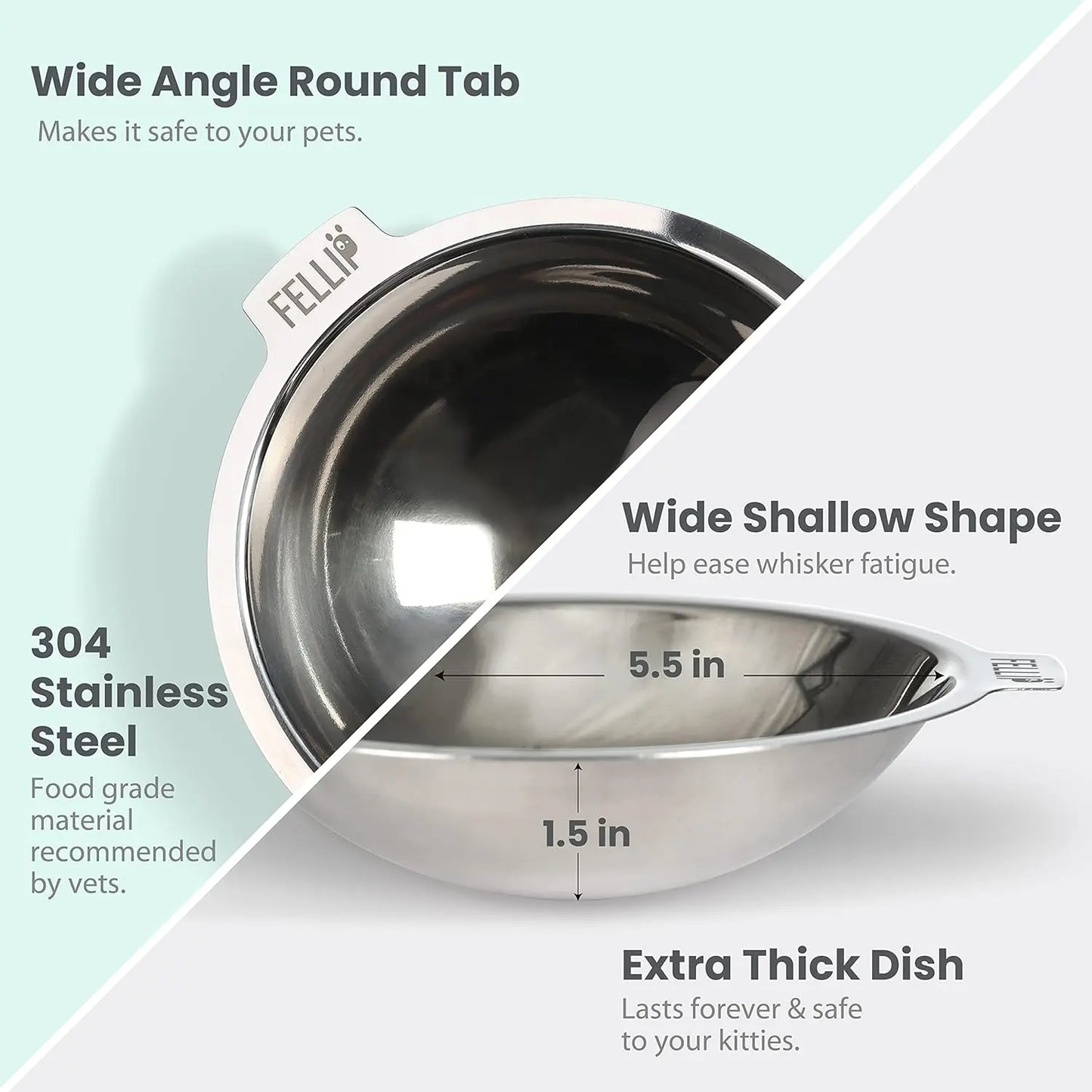 Felli Oblik Elevated Cat Food Bowl - 304 Stainless Steel Removable Dish with Anti-Vomiting and Whisker Fatigue Features, 15° Tilted Non-Slip Stand, Classic Design (0.5 Cup) Felli