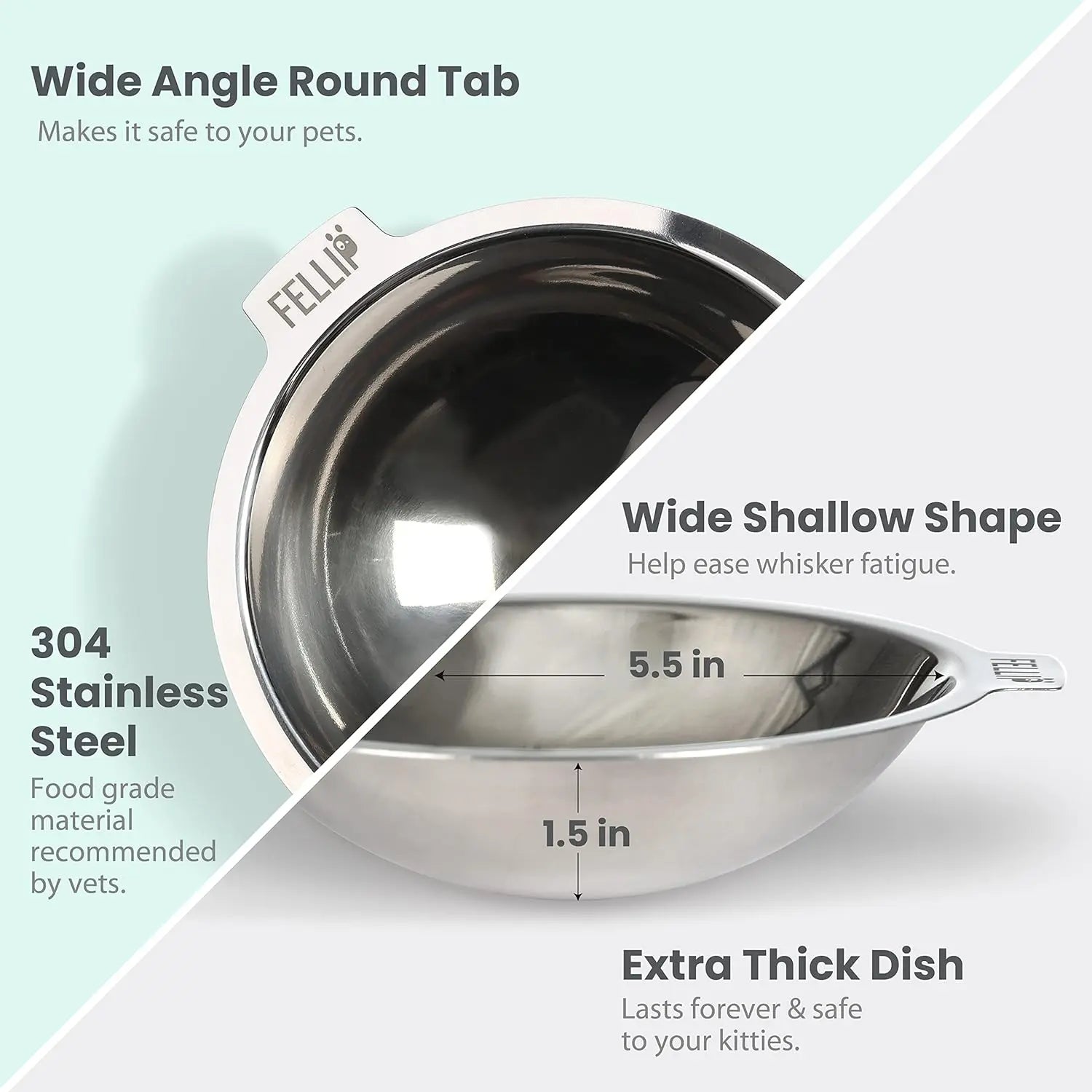 Felli Oblik Elevated Cat Food Bowl - 304 Stainless Steel Removable Dish with Anti-Vomiting and Whisker Fatigue Features, 15° Tilted Non-Slip Stand, Classic Design (0.5 Cup) Felli