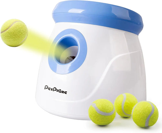 Pet Prime Automatic Dog Ball Launcher for Small and Medium Breeds - Interactive Fetch Machine with 3 Mini Tennis Balls (2'') for Indoor and Outdoor Play, Adjustable Launch Distances of 10-30 Feet PetPrime