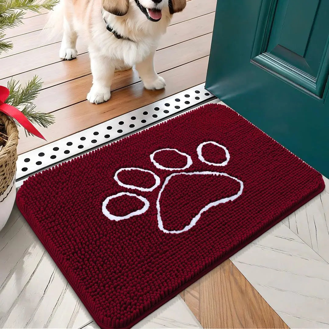 OLANLY Ultra Absorbent Chenille Door Mat for Pets - 24x16 Inches Non-Slip Washable Entryway Mat with Charming Paw Print Design and Quick-Dry Features in Beige OLANLY