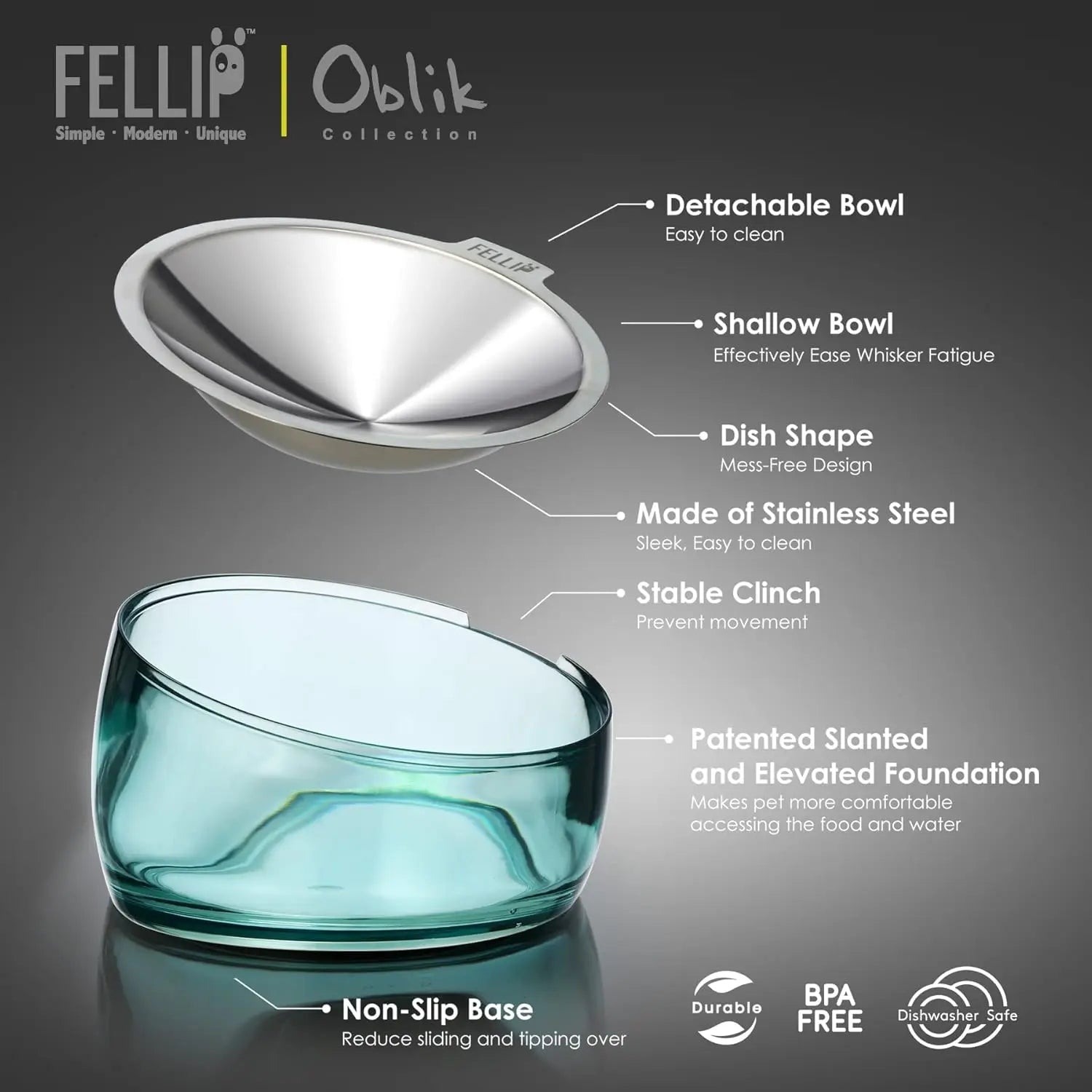 Felli Oblik Elevated Cat Food Bowl - 304 Stainless Steel Removable Dish with Anti-Vomiting and Whisker Fatigue Features, 15° Tilted Non-Slip Stand, Classic Design (0.5 Cup) Felli
