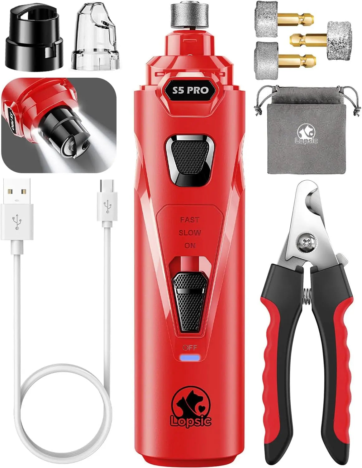 LOPSIC Whisper Quiet Dog Nail Grinder - Rechargeable Pet Nail Trimmer with 2 LED Lights and 3 Grinding Wheels for Safe and Precise Nail Care for Dogs and Cats Shenzhen Sanqi Technology Co., Ltd