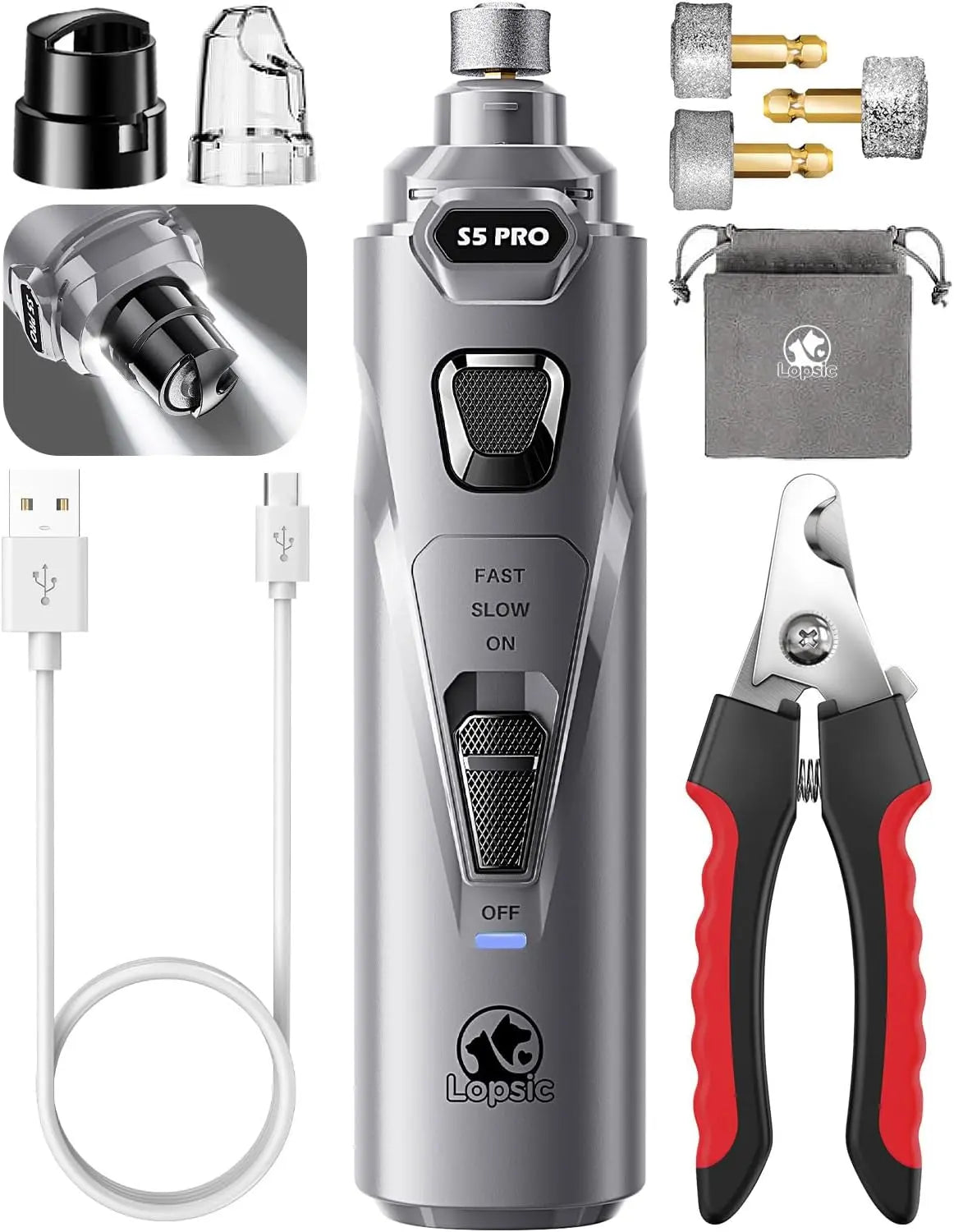LOPSIC Whisper Quiet Dog Nail Grinder - Rechargeable Pet Nail Trimmer with 2 LED Lights and 3 Grinding Wheels for Safe and Precise Nail Care for Dogs and Cats Shenzhen Sanqi Technology Co., Ltd