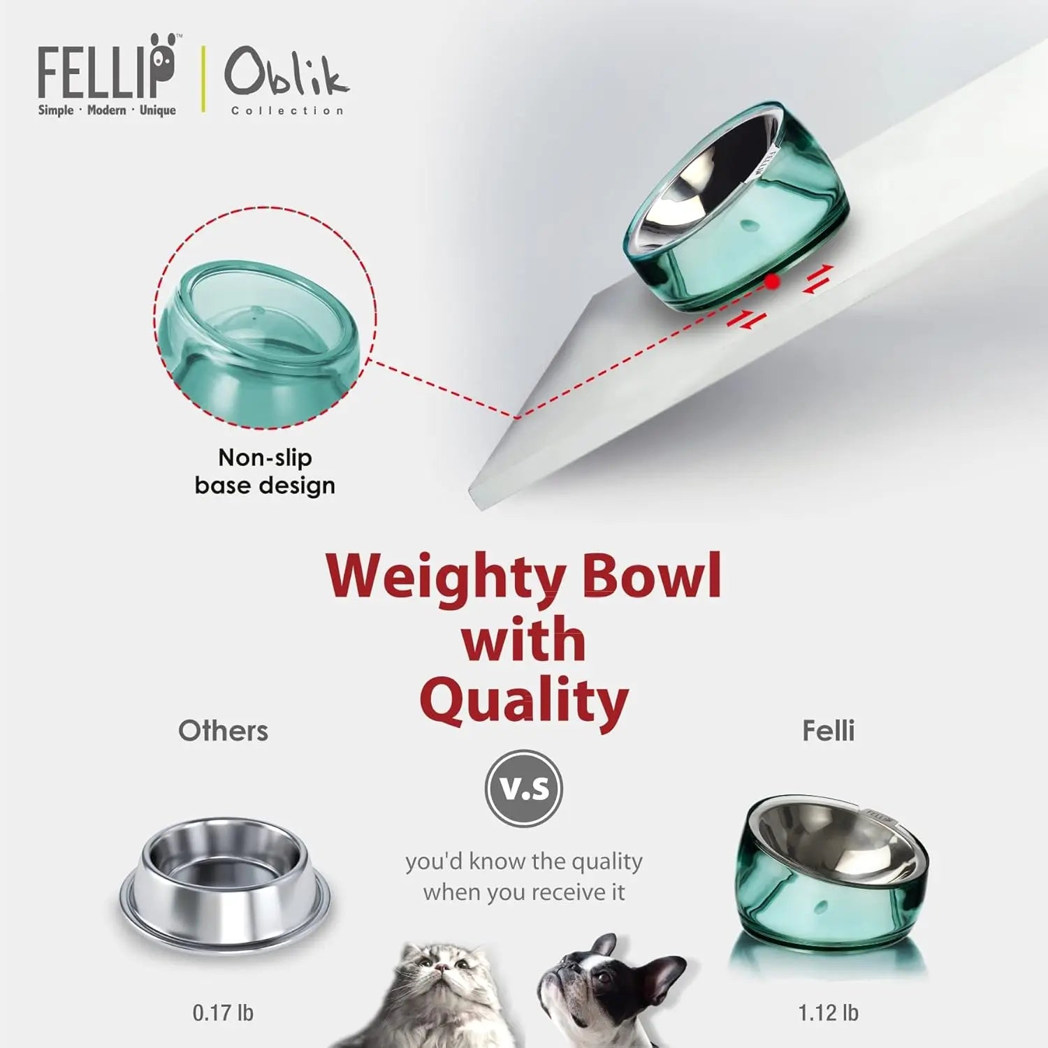 Felli Oblik Elevated Cat Food Bowl - 304 Stainless Steel Removable Dish with Anti-Vomiting and Whisker Fatigue Features, 15° Tilted Non-Slip Stand, Classic Design (0.5 Cup) Felli
