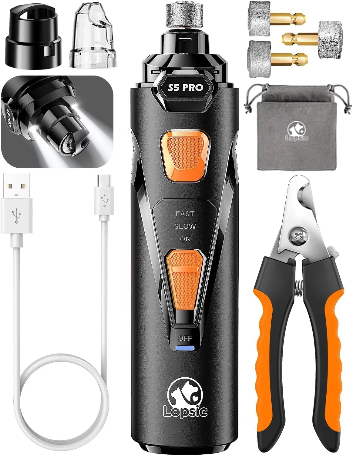 Shenzhen Sanqi Technology Co., Ltd LOPSIC Whisper Quiet Dog Nail Grinder Rechargeable Trimmer With 2 LED Lights And 3 Grinding Wheels For Safe Nail Care - Animals & Pet Supplies > Pet Supplies > Pet Grooming Supplies Dog