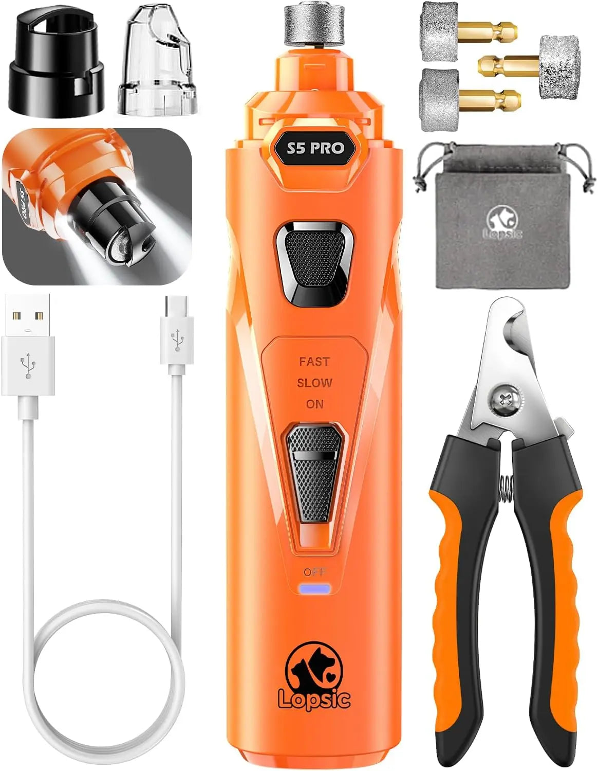 Shenzhen Sanqi Technology Co., Ltd LOPSIC Whisper Quiet Dog Nail Grinder Rechargeable Trimmer With 2 LED Lights And 3 Grinding Wheels For Safe Nail Care - Animals & Pet Supplies > Pet Supplies > Pet Grooming Supplies Dog