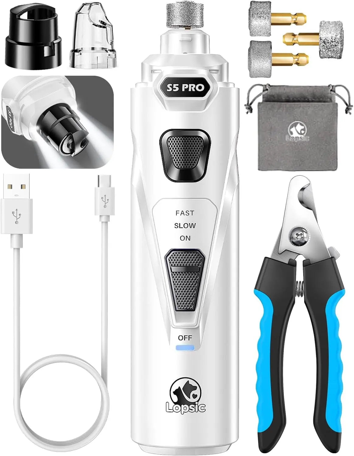LOPSIC Whisper Quiet Dog Nail Grinder - Rechargeable Pet Nail Trimmer with 2 LED Lights and 3 Grinding Wheels for Safe and Precise Nail Care for Dogs and Cats Shenzhen Sanqi Technology Co., Ltd
