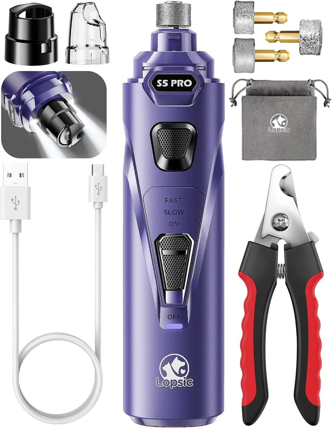 LOPSIC Whisper Quiet Dog Nail Grinder - Rechargeable Pet Nail Trimmer with 2 LED Lights and 3 Grinding Wheels for Safe and Precise Nail Care for Dogs and Cats Shenzhen Sanqi Technology Co., Ltd