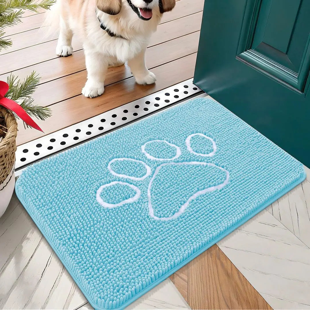 OLANLY Ultra Absorbent Chenille Door Mat for Pets - 24x16 Inches Non-Slip Washable Entryway Mat with Charming Paw Print Design and Quick-Dry Features in Beige OLANLY