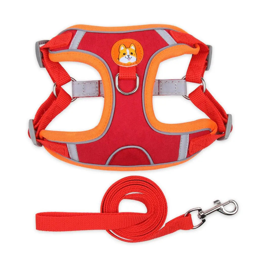 Reflective breathable red pet harness with orange trim and matching leash for dog safety and comfort
