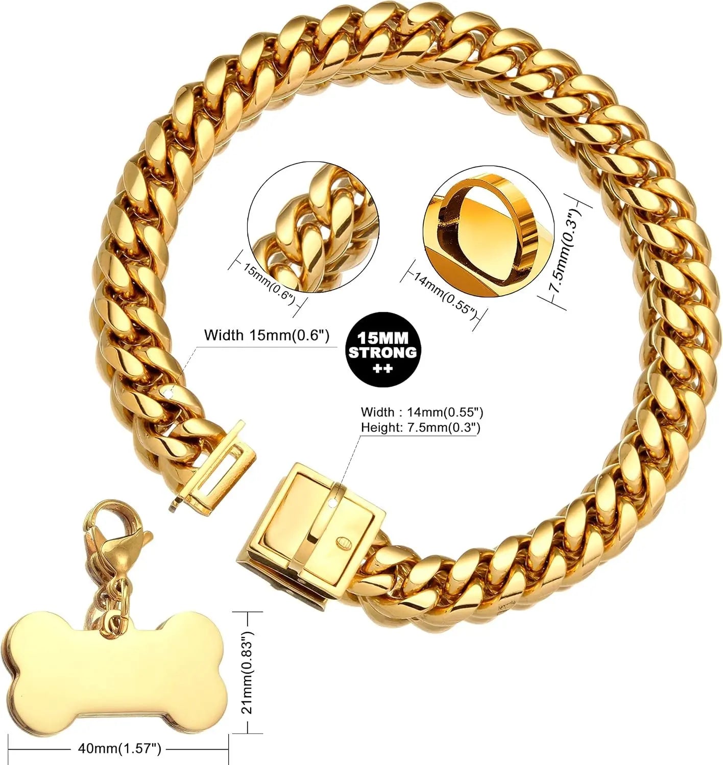 Jewelry Kingdom 1 Premium Gold Dog Chain Collar with ID Tag - Heavy Duty 18K Stainless Steel Cuban Link Chain for Strong and Stylish Dogs Jewelry Kingdom 1