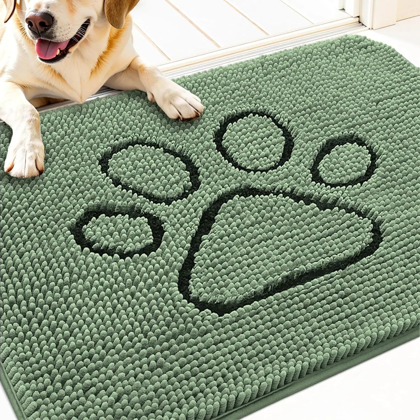 OLANLY Ultra Absorbent Chenille Door Mat for Pets - 24x16 Inches Non-Slip Washable Entryway Mat with Charming Paw Print Design and Quick-Dry Features in Beige OLANLY