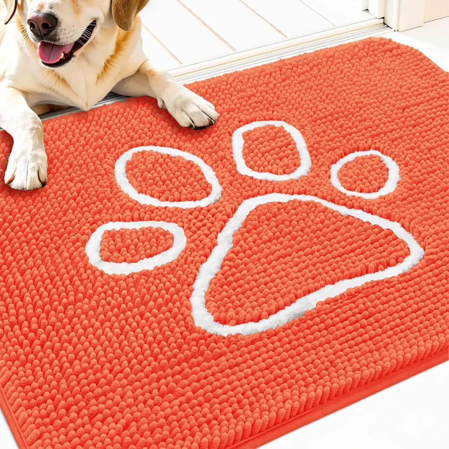 OLANLY Ultra Absorbent Chenille Door Mat for Pets - 24x16 Inches Non-Slip Washable Entryway Mat with Charming Paw Print Design and Quick-Dry Features in Beige OLANLY