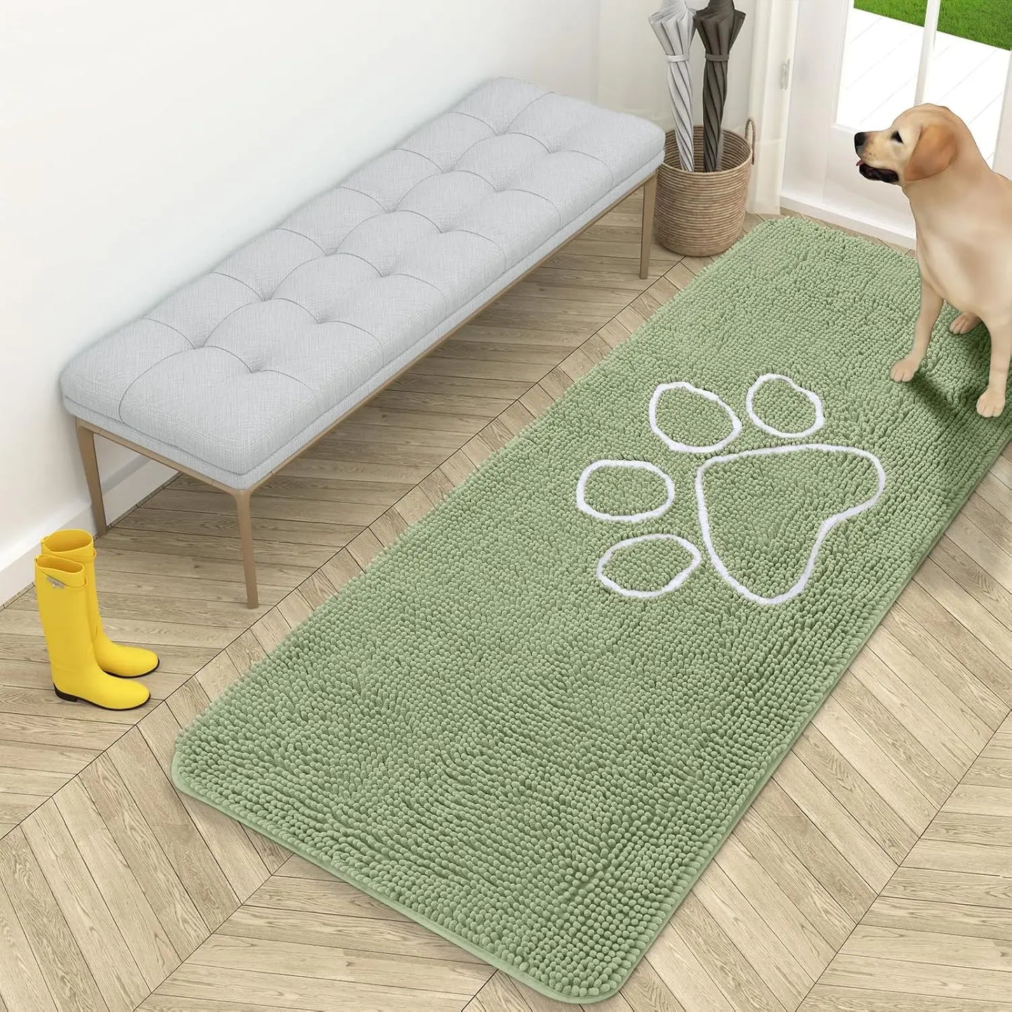 OLANLY Ultra Absorbent Chenille Door Mat for Pets - 24x16 Inches Non-Slip Washable Entryway Mat with Charming Paw Print Design and Quick-Dry Features in Beige OLANLY