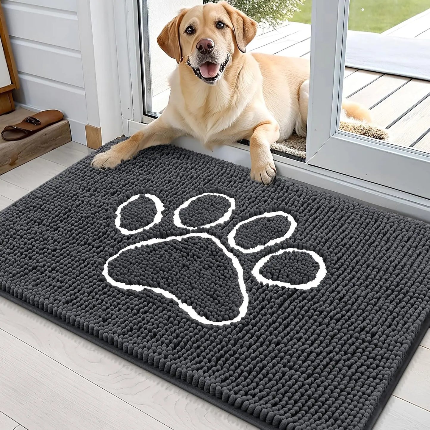 OLANLY Ultra Absorbent Chenille Door Mat for Pets - 24x16 Inches Non-Slip Washable Entryway Mat with Charming Paw Print Design and Quick-Dry Features in Beige OLANLY