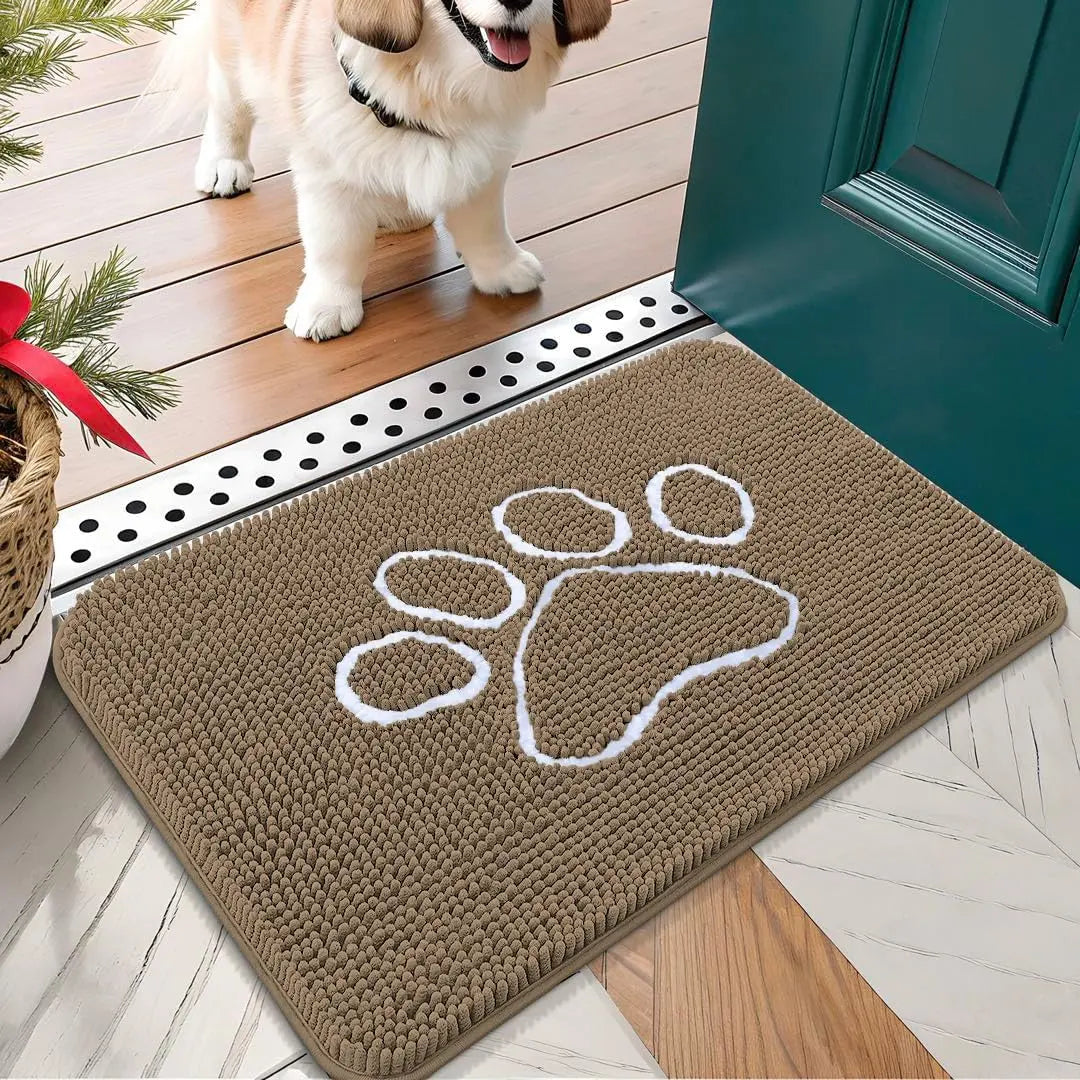 OLANLY Ultra Absorbent Chenille Door Mat for Pets - 24x16 Inches Non-Slip Washable Entryway Mat with Charming Paw Print Design and Quick-Dry Features in Beige OLANLY