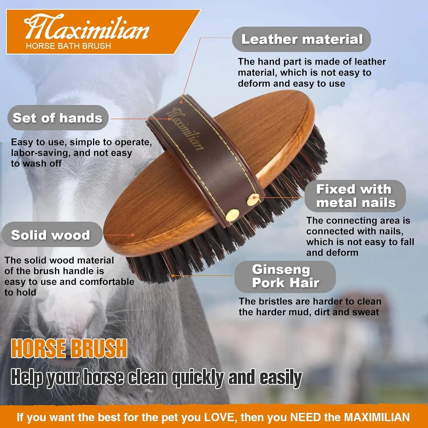 MAXIMILIAN Premium Handmade Stiff Body Horse Brush - Professional Grooming Tool for Effortless Mud, Sweat, and Dirt Removal MAXIMILIAN
