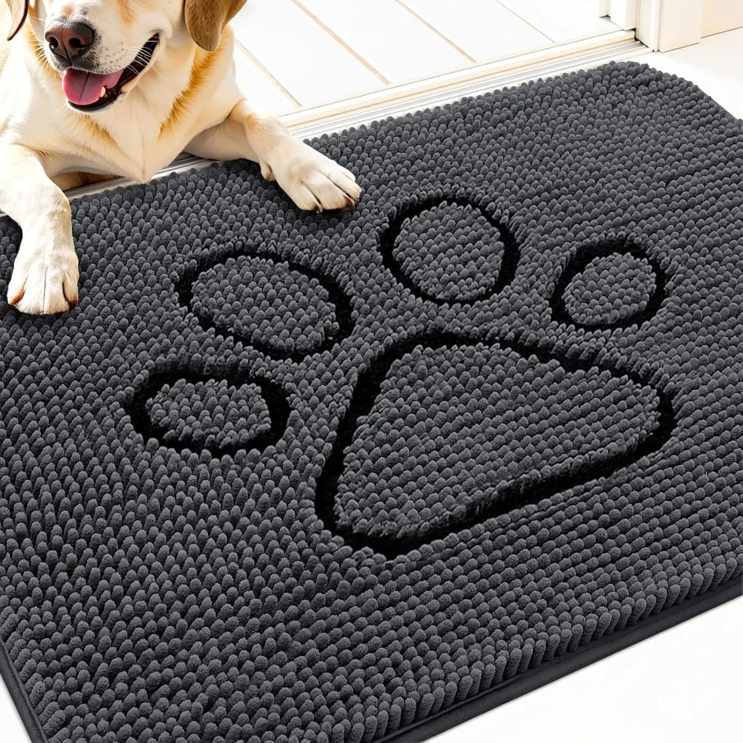 OLANLY Ultra Absorbent Chenille Door Mat for Pets - 24x16 Inches Non-Slip Washable Entryway Mat with Charming Paw Print Design and Quick-Dry Features in Beige OLANLY