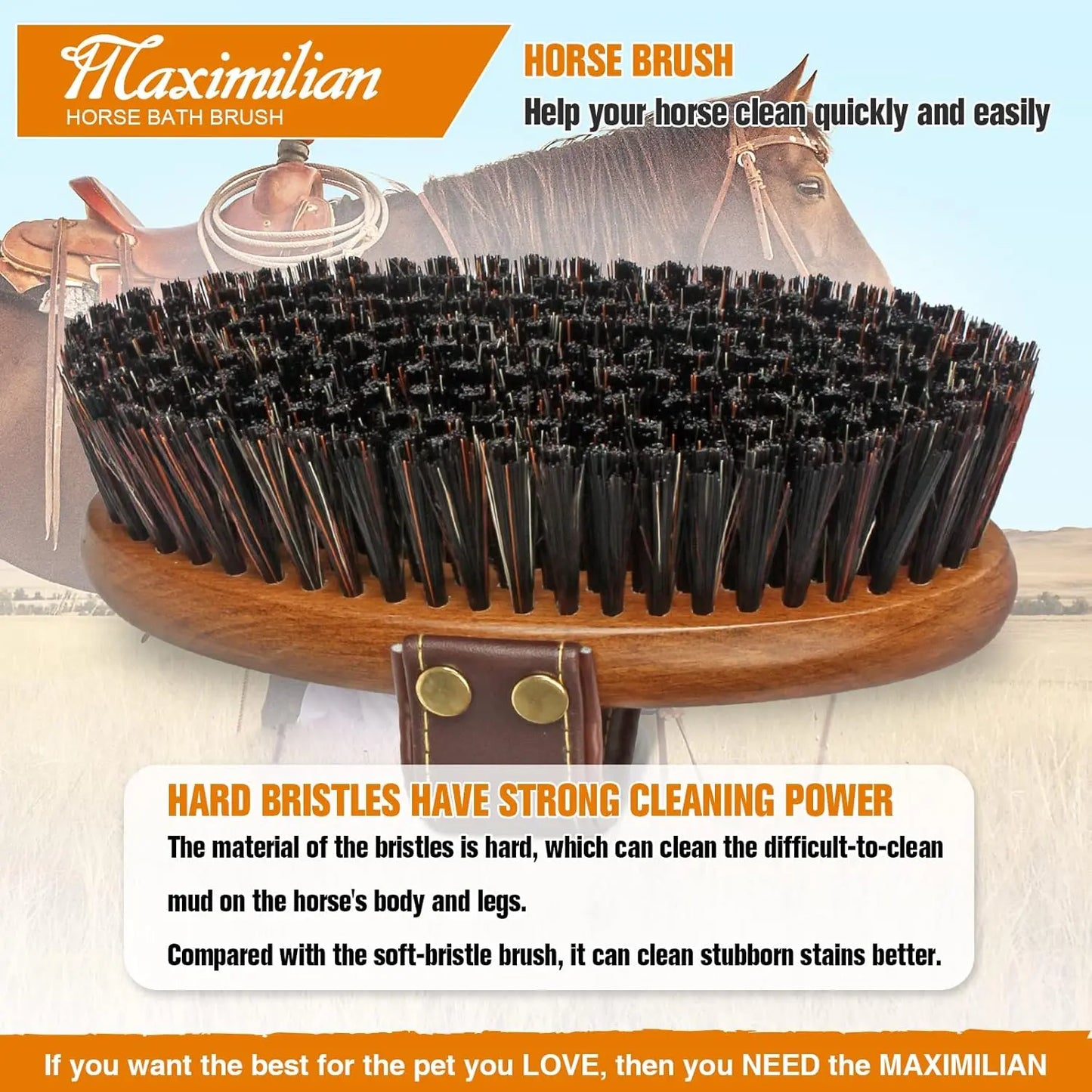 MAXIMILIAN Premium Handmade Stiff Body Horse Brush - Professional Grooming Tool for Effortless Mud, Sweat, and Dirt Removal MAXIMILIAN