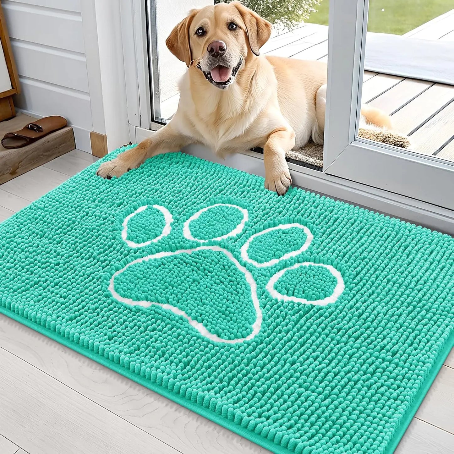 OLANLY Ultra Absorbent Chenille Door Mat for Pets - 24x16 Inches Non-Slip Washable Entryway Mat with Charming Paw Print Design and Quick-Dry Features in Beige OLANLY