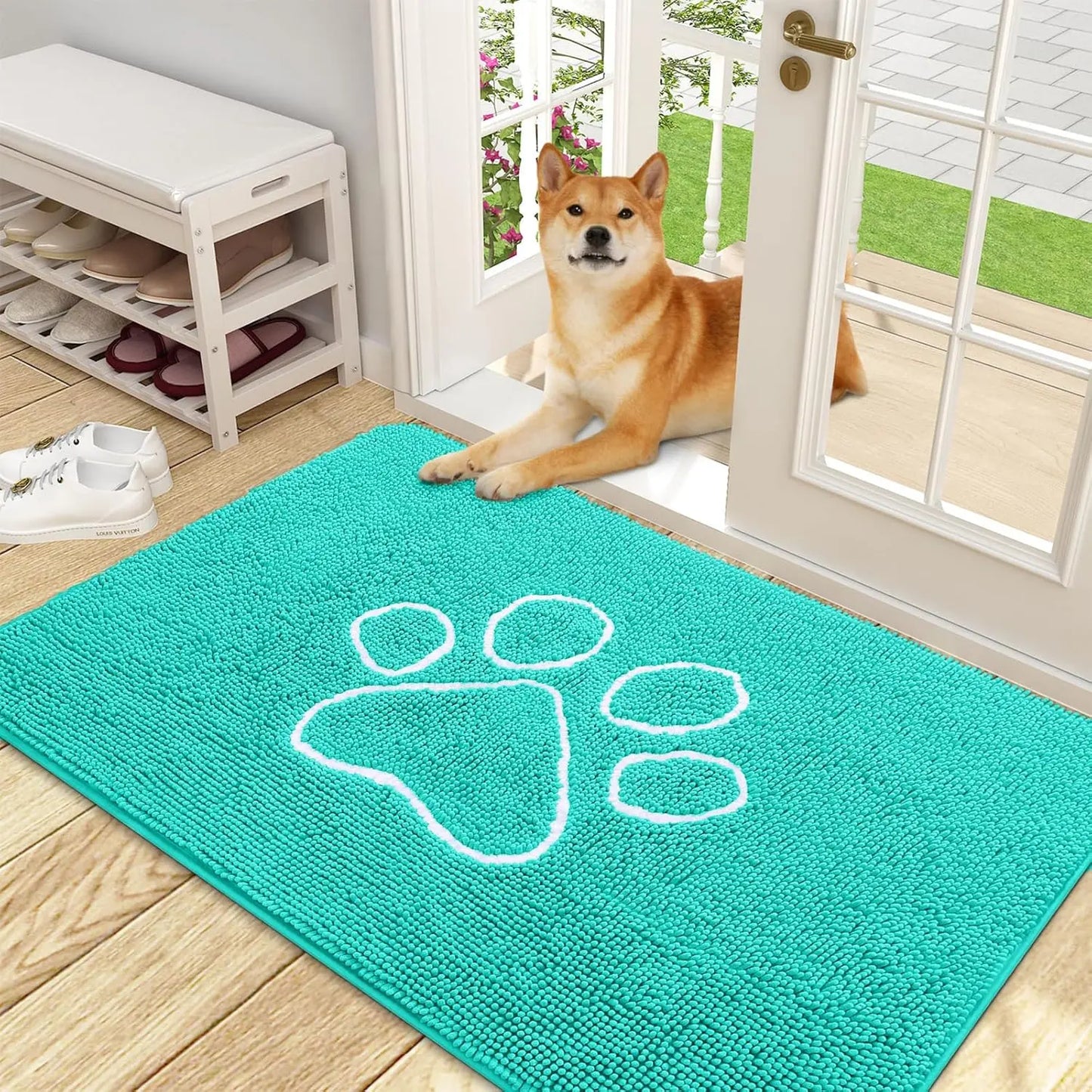 OLANLY Ultra Absorbent Chenille Door Mat for Pets - 24x16 Inches Non-Slip Washable Entryway Mat with Charming Paw Print Design and Quick-Dry Features in Beige OLANLY