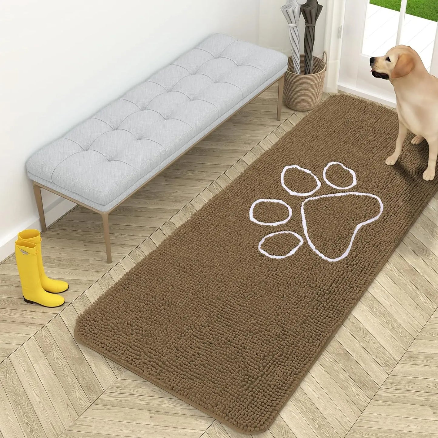 OLANLY Ultra Absorbent Chenille Door Mat for Pets - 24x16 Inches Non-Slip Washable Entryway Mat with Charming Paw Print Design and Quick-Dry Features in Beige OLANLY