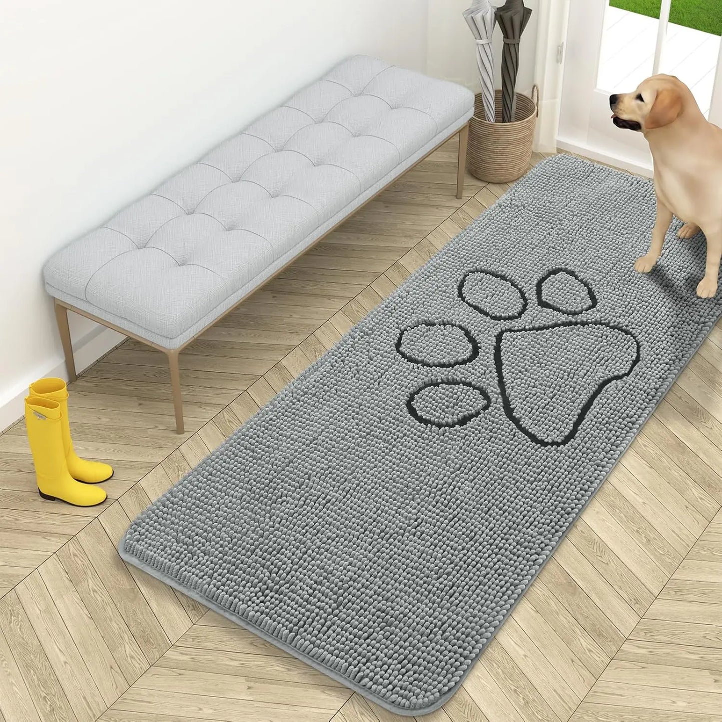 OLANLY Ultra Absorbent Chenille Door Mat for Pets - 24x16 Inches Non-Slip Washable Entryway Mat with Charming Paw Print Design and Quick-Dry Features in Beige OLANLY