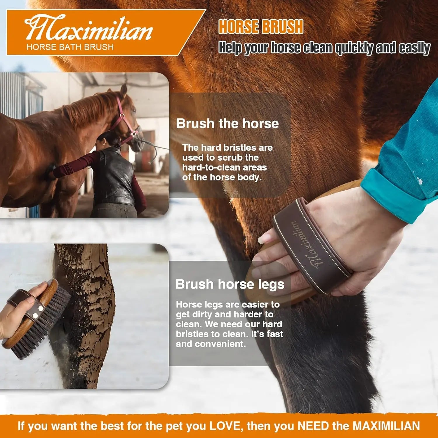 MAXIMILIAN Premium Handmade Stiff Body Horse Brush - Professional Grooming Tool for Effortless Mud, Sweat, and Dirt Removal MAXIMILIAN