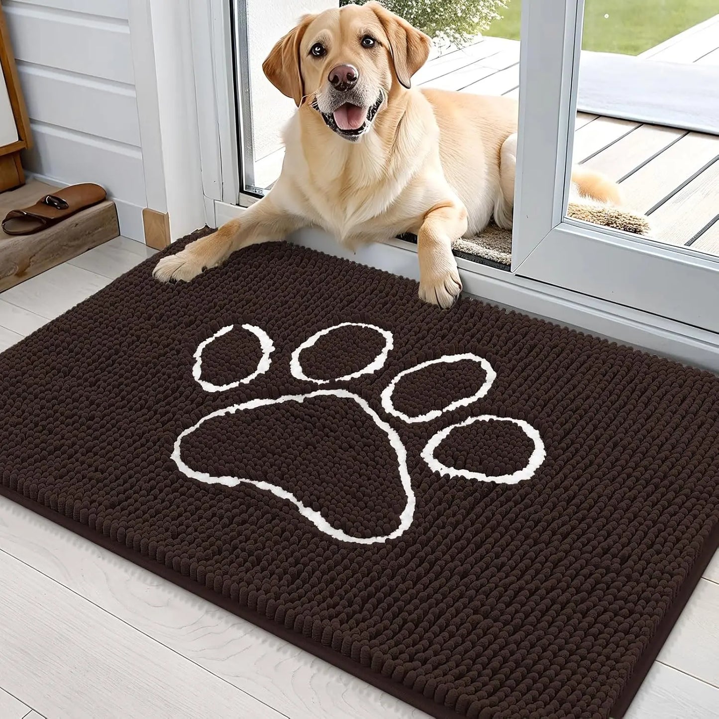 OLANLY Ultra Absorbent Chenille Door Mat for Pets - 24x16 Inches Non-Slip Washable Entryway Mat with Charming Paw Print Design and Quick-Dry Features in Beige OLANLY