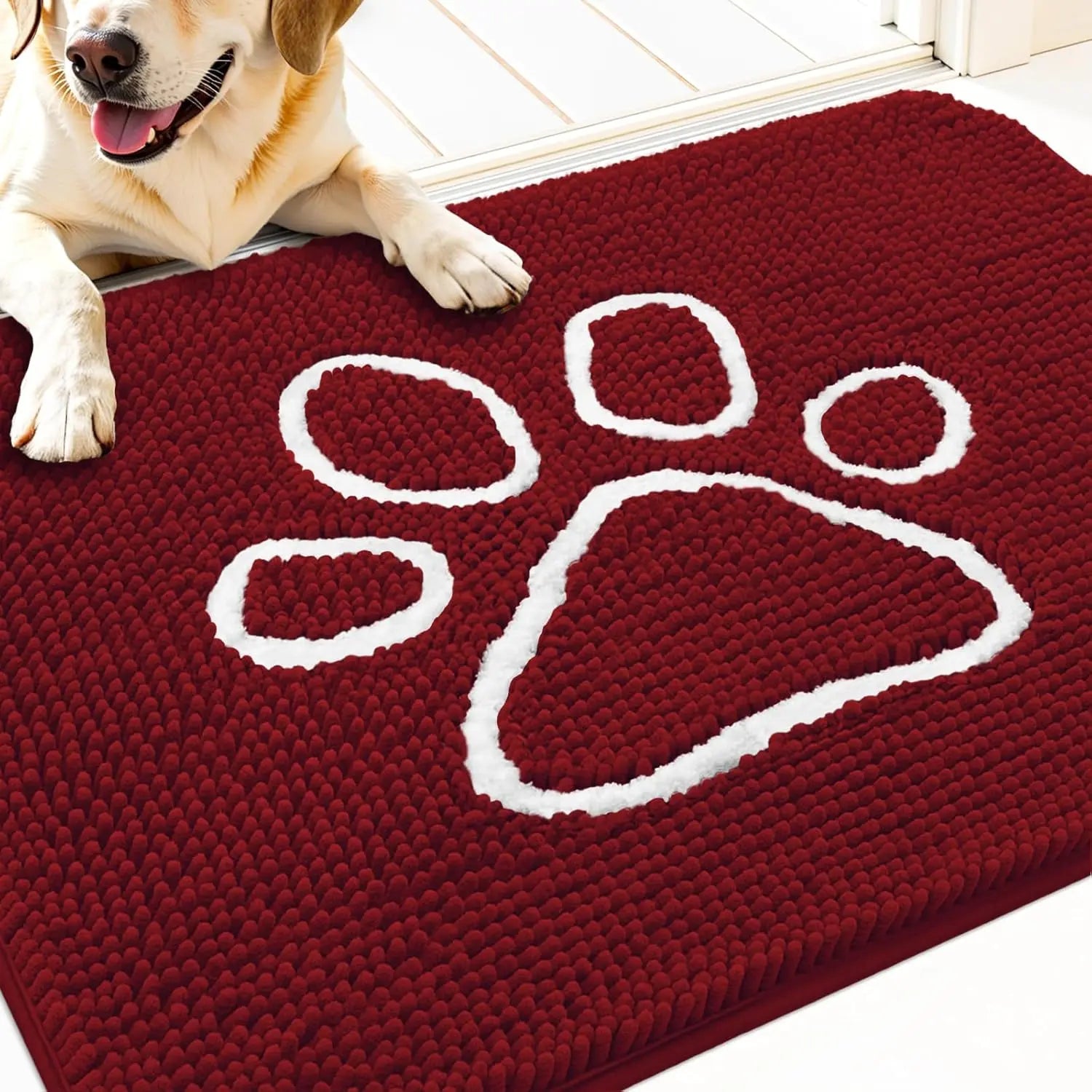 OLANLY OLANLY Ultra Absorbent Chenille Door Mat For Pets 24x16 Inches Non Slip Washable Entryway Mat Beige Paw Print Design - Animals & Pet Supplies > Pet Supplies