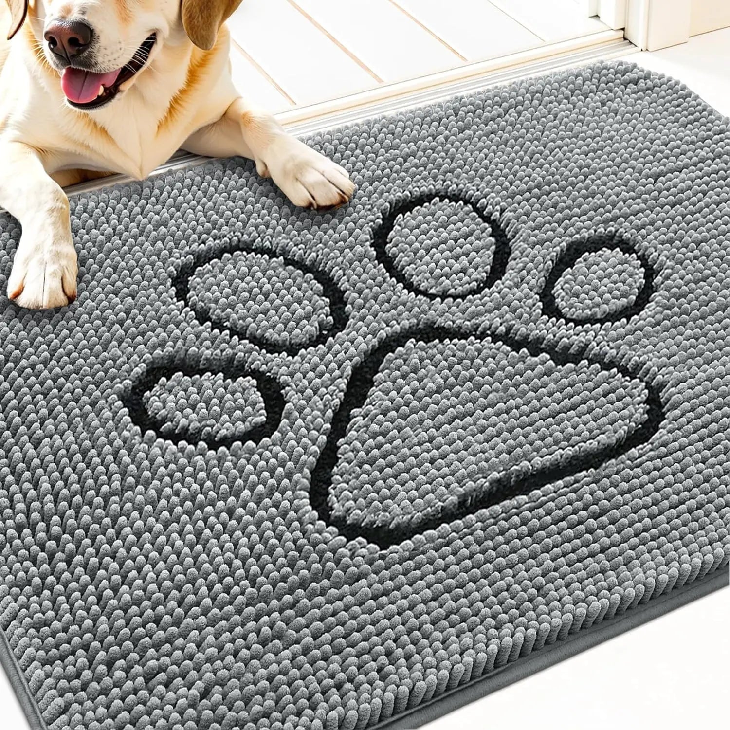 OLANLY OLANLY Ultra Absorbent Chenille Door Mat For Pets 24x16 Inches Non Slip Washable Entryway Mat Beige Paw Print Design - Animals & Pet Supplies > Pet Supplies