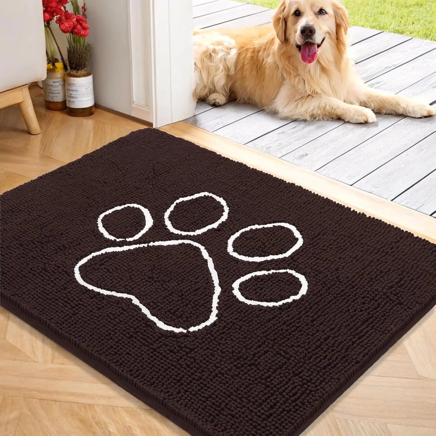 OLANLY Ultra Absorbent Chenille Door Mat for Pets - 24x16 Inches Non-Slip Washable Entryway Mat with Charming Paw Print Design and Quick-Dry Features in Beige OLANLY