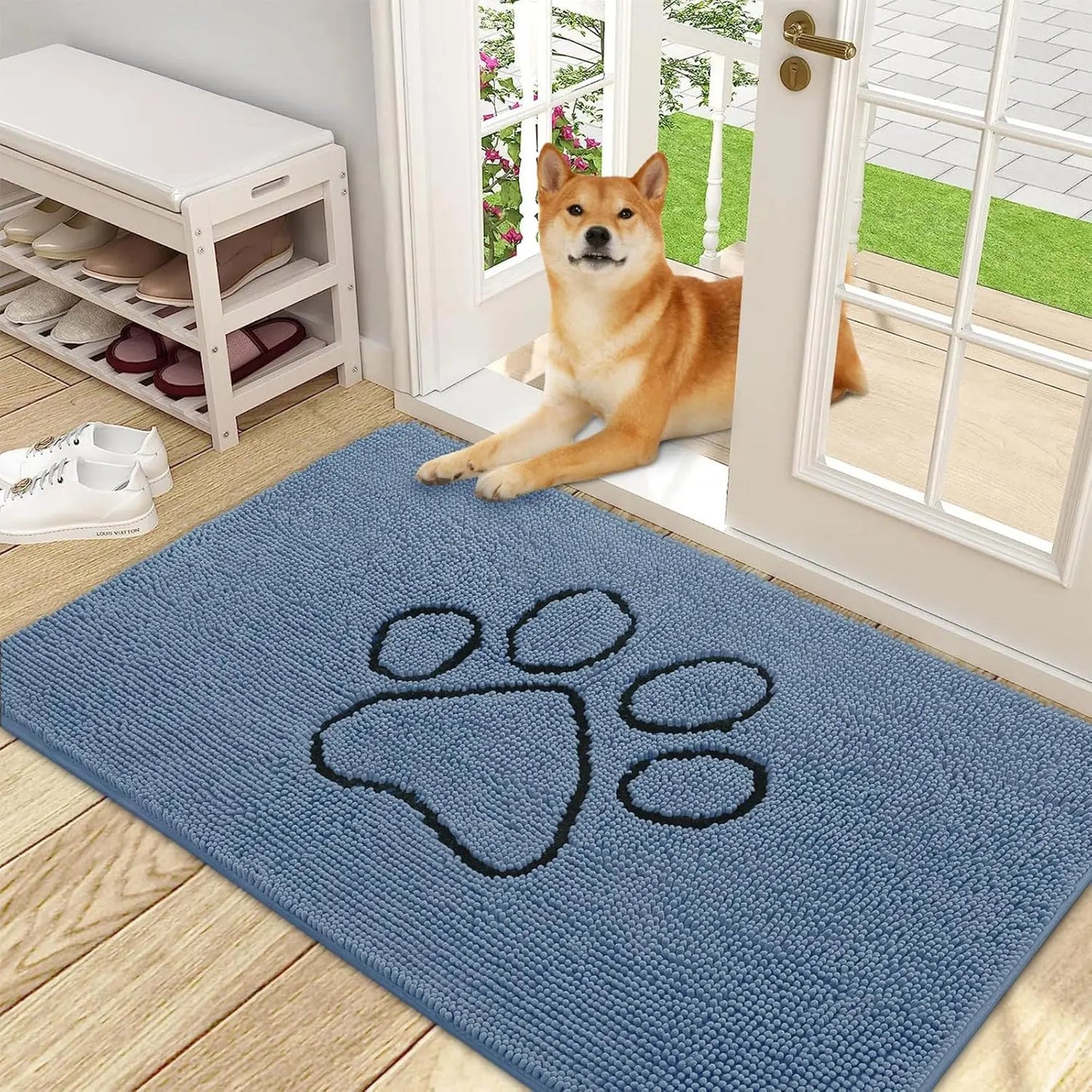 OLANLY Ultra Absorbent Chenille Door Mat for Pets - 24x16 Inches Non-Slip Washable Entryway Mat with Charming Paw Print Design and Quick-Dry Features in Beige OLANLY