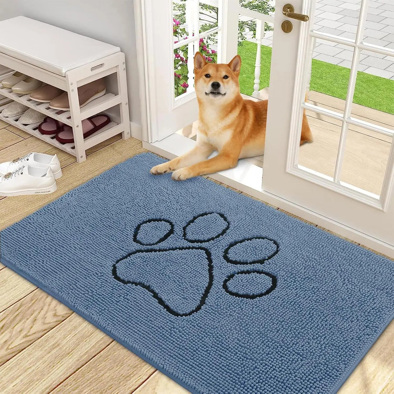 OLANLY OLANLY Ultra Absorbent Chenille Door Mat For Pets 24x16 Inches Non Slip Washable Entryway Mat Beige Paw Print Design - Animals & Pet Supplies > Pet Supplies