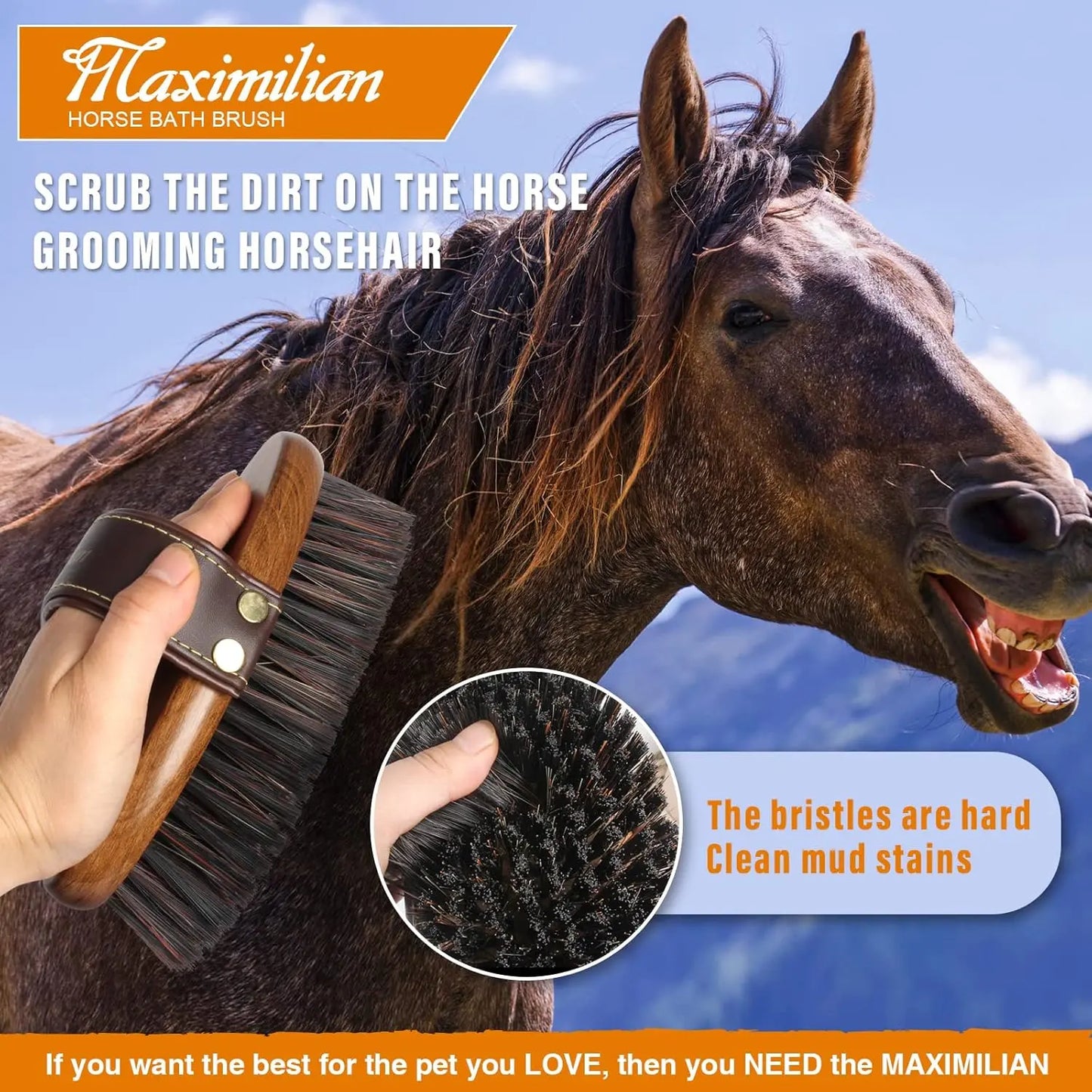 MAXIMILIAN Premium Handmade Stiff Body Horse Brush - Professional Grooming Tool for Effortless Mud, Sweat, and Dirt Removal MAXIMILIAN