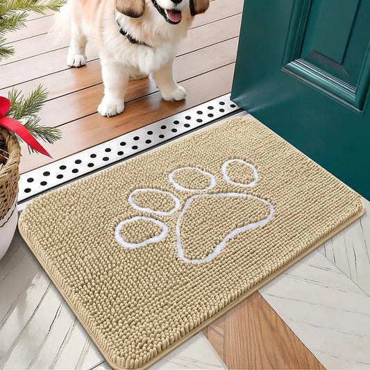 OLANLY Ultra Absorbent Chenille Door Mat for Pets - 24x16 Inches Non-Slip Washable Entryway Mat with Charming Paw Print Design and Quick-Dry Features in Beige OLANLY