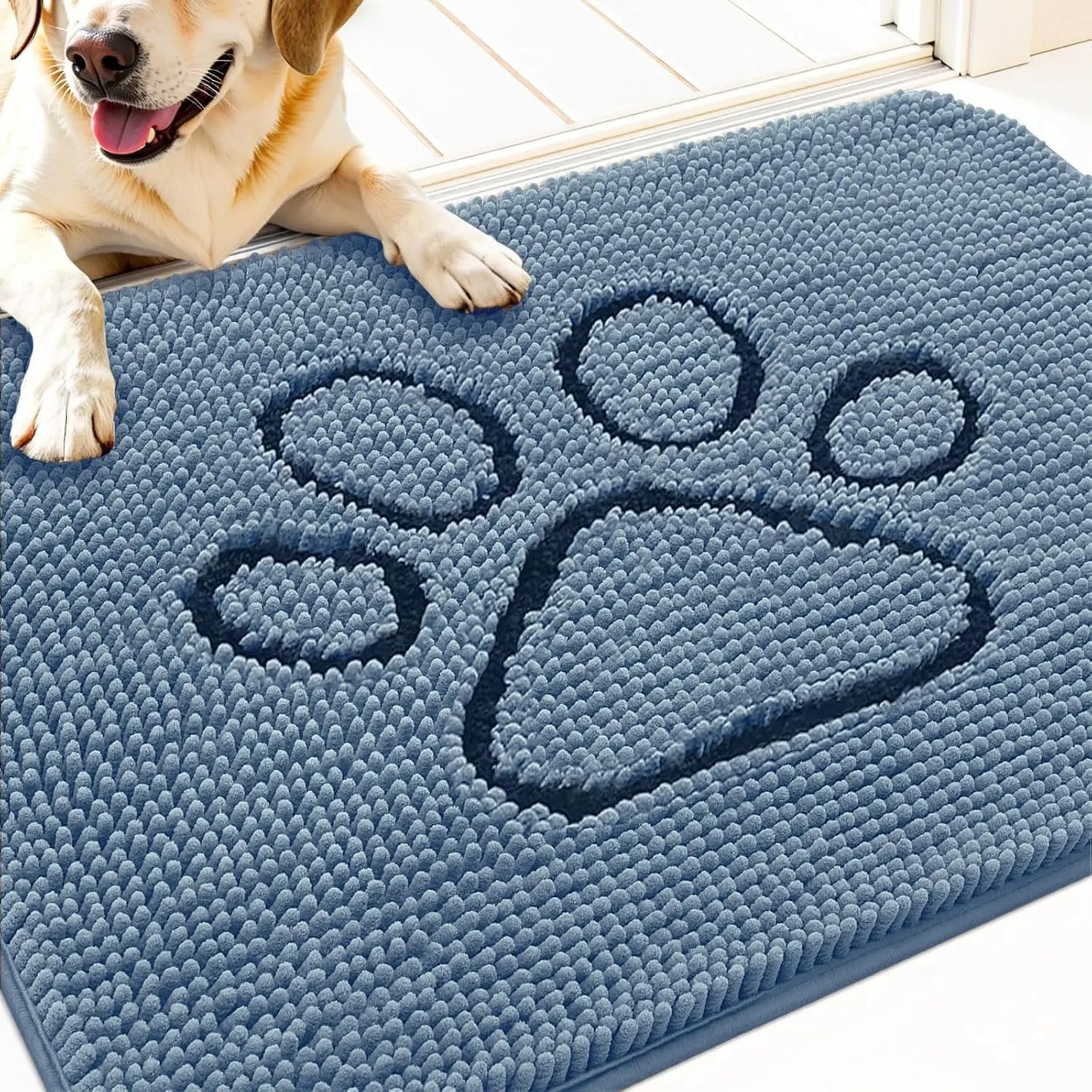 OLANLY Ultra Absorbent Chenille Door Mat for Pets - 24x16 Inches Non-Slip Washable Entryway Mat with Charming Paw Print Design and Quick-Dry Features in Beige OLANLY