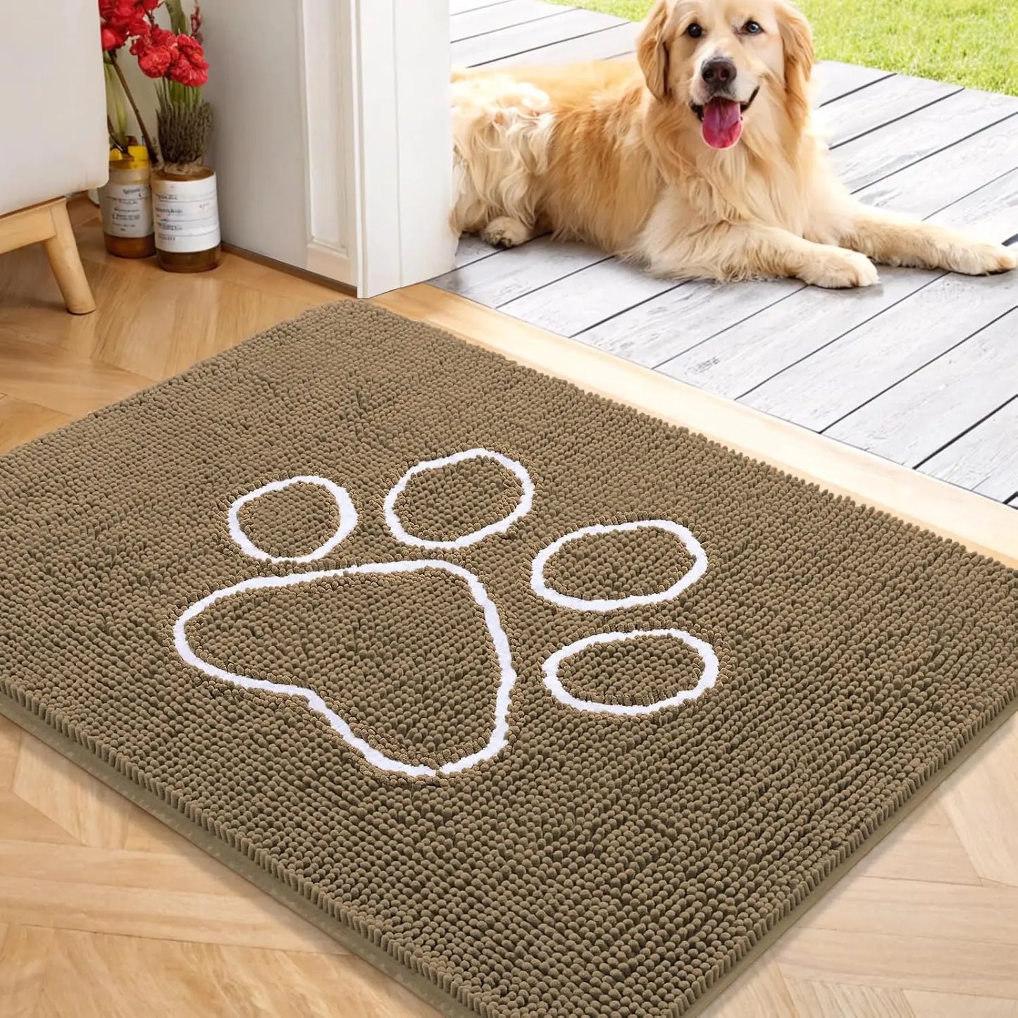 OLANLY Ultra Absorbent Chenille Door Mat for Pets - 24x16 Inches Non-Slip Washable Entryway Mat with Charming Paw Print Design and Quick-Dry Features in Beige OLANLY