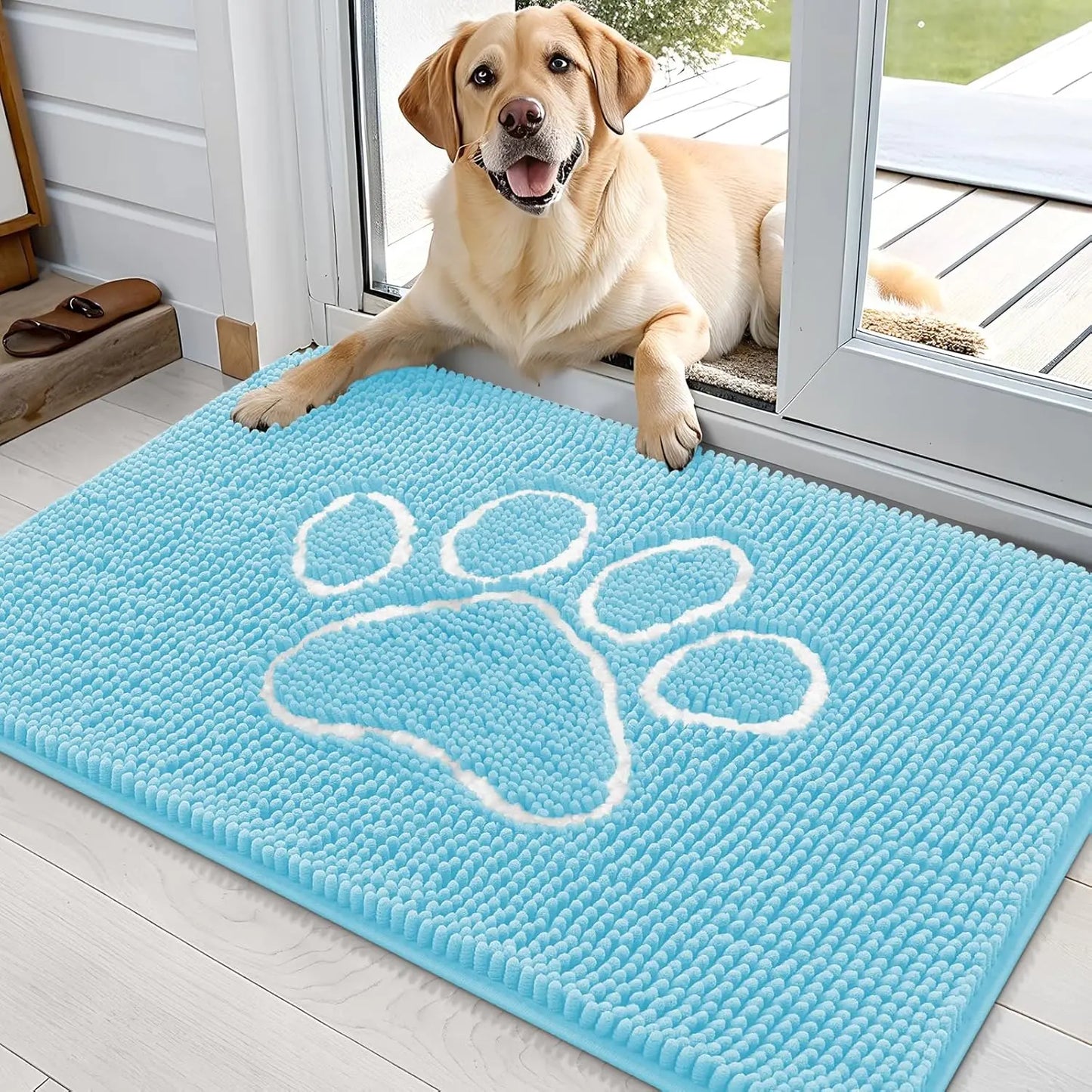 OLANLY Ultra Absorbent Chenille Door Mat for Pets - 24x16 Inches Non-Slip Washable Entryway Mat with Charming Paw Print Design and Quick-Dry Features in Beige OLANLY