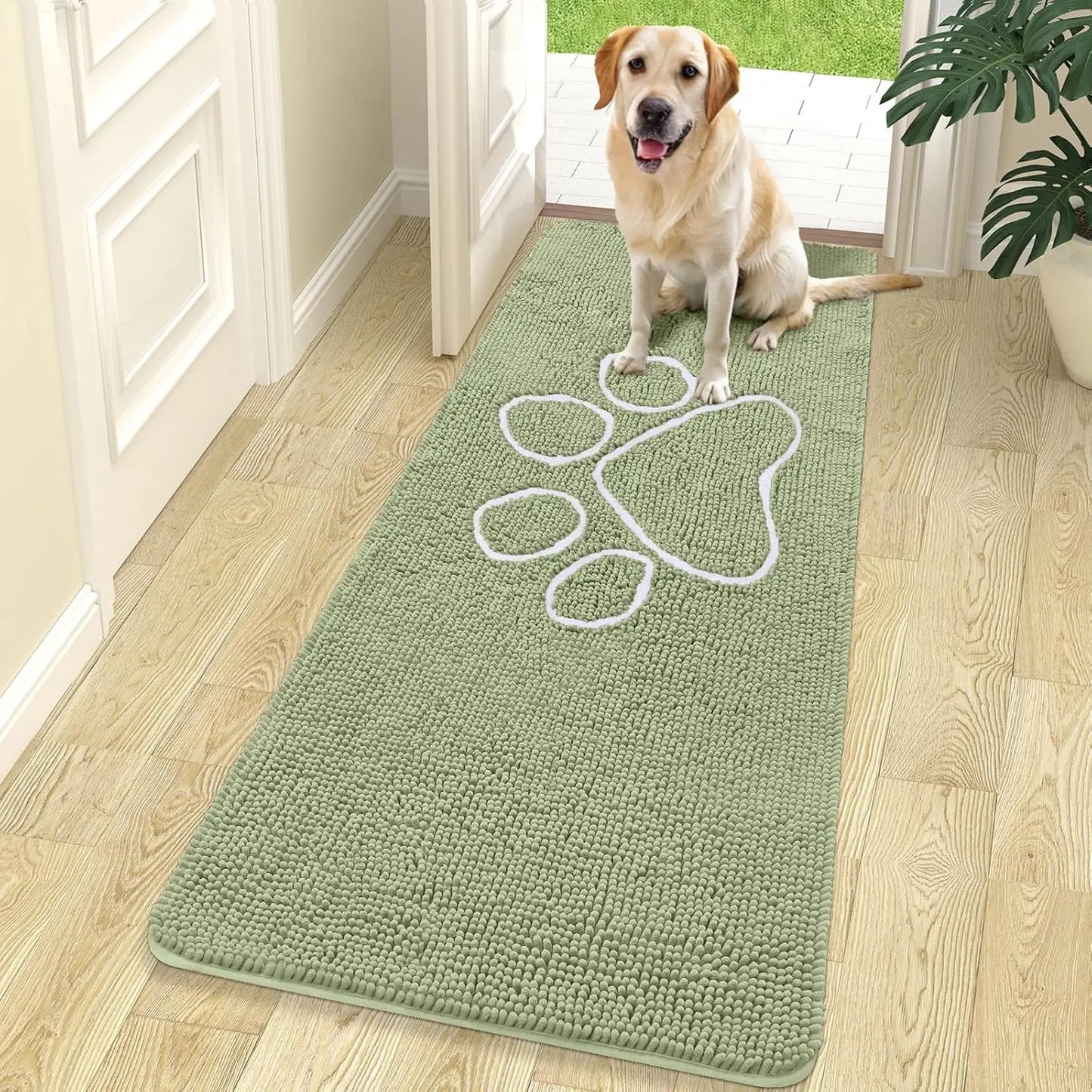 OLANLY Ultra Absorbent Chenille Door Mat for Pets - 24x16 Inches Non-Slip Washable Entryway Mat with Charming Paw Print Design and Quick-Dry Features in Beige OLANLY
